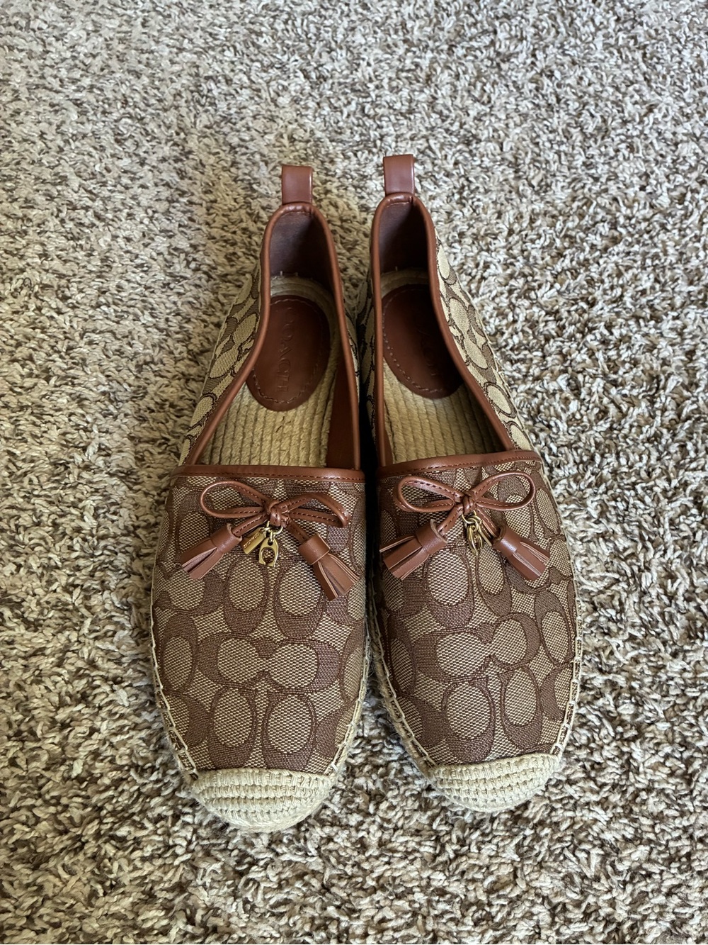 Coach Brown Signature Canvas Espadrille Flats with Leather Bow Size 10